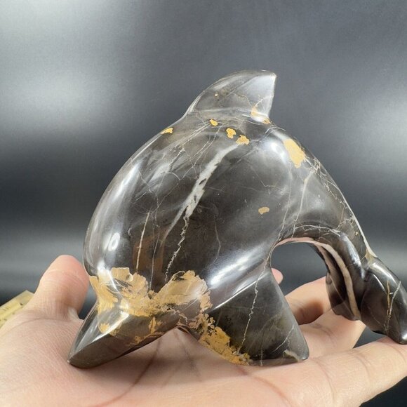 Hand Polished Marble Heavy Dolphin Figurine Animal Brown Multicolor Vintage - Picture 2 of 14